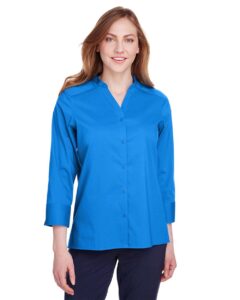Devon & Jones DG560W Women’s Crown Collection® Stretch Broadcloth Three-Quarter Sleeve Blouse – French Blue (on model)