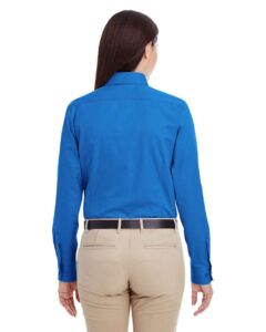 Harriton M581W Women’s Foundation Cotton Twill Shirt with Teflon – French Blue (on model back)