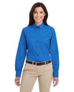 Harriton M581W Women’s Foundation Cotton Twill Shirt with Teflon – French Blue (on model)