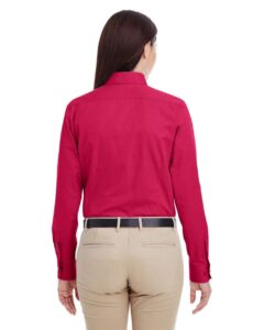 Harriton M581W Women’s Foundation Cotton Twill Shirt with Teflon – Red (on model back)