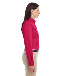 Harriton M581W Women’s Foundation Cotton Twill Shirt with Teflon – Red (on model side)