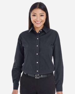 Devon & Jones DG534W Women’s Crown Collection® Striped Woven Dress Shirt – Black/ Graphite (on model)