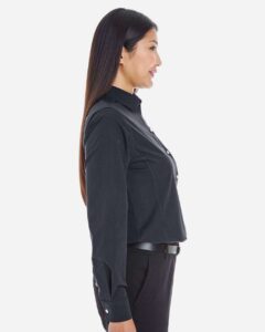 Devon & Jones DG534W Women’s Crown Collection® Striped Woven Dress Shirt – Black/ Graphite (on model side)
