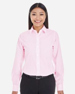 Devon & Jones DG534W Women’s Crown Collection® Striped Woven Dress Shirt – Pink/ White (on model)