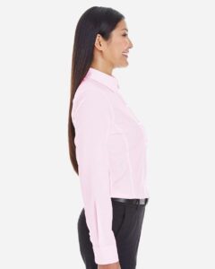 Devon & Jones DG534W Women’s Crown Collection® Striped Woven Dress Shirt – Pink/ White (on model side)