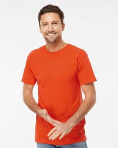 M&O 4800 Men’s Gold Soft Touch T-Shirt – Burnt Orange (on model)