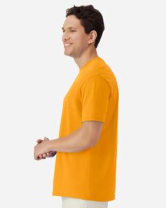 Gildan 3000 Unisex Light Cotton T-Shirt – Gold (on model side)