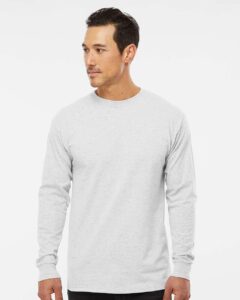 M&O 4820 Unisex Gold Soft Touch Long Sleeve T-Shirt – Ash (on model)