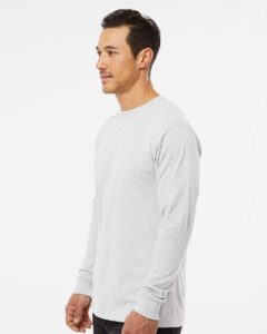 M&O 4820 Unisex Gold Soft Touch Long Sleeve T-Shirt – Ash (on model side)