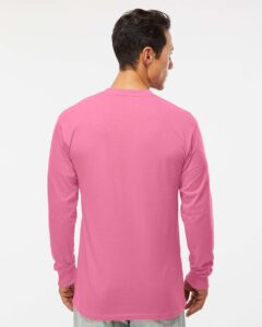 M&O 4820 Unisex Gold Soft Touch Long Sleeve T-Shirt – Azalea (on model back)