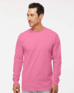 M&O 4820 Unisex Gold Soft Touch Long Sleeve T-Shirt – Azalea (on model)