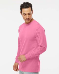 M&O 4820 Unisex Gold Soft Touch Long Sleeve T-Shirt – Azalea (on model side)