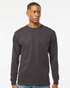 M&O 4820 Unisex Gold Soft Touch Long Sleeve T-Shirt – Charcoal (on model)