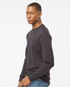 M&O 4820 Unisex Gold Soft Touch Long Sleeve T-Shirt – Charcoal (on model side)