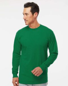 M&O 4820 Unisex Gold Soft Touch Long Sleeve T-Shirt – Fine Kelly Green (on model)
