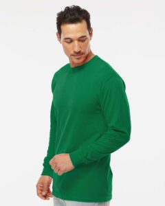M&O 4820 Unisex Gold Soft Touch Long Sleeve T-Shirt – Fine Kelly Green (on model side)