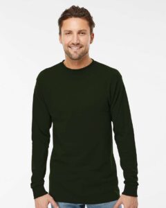 M&O 4820 Unisex Gold Soft Touch Long Sleeve T-Shirt – Forest Green (on model)