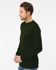 M&O 4820 Unisex Gold Soft Touch Long Sleeve T-Shirt – Forest Green (on model side)