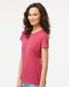 M&O 4810 Women’s Gold Soft Touch T-Shirt – Heather Pink (on model side)