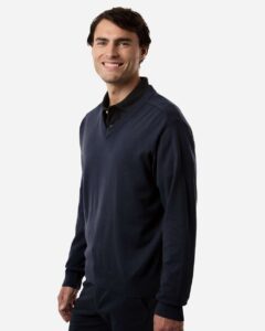 Devon & Jones DG445 Men’s New Classics V-Neck Sweater – Navy (on model side)