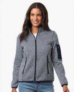 North End NE730W Women’s Jasper Full-Zip Fleece Jacket – Classic Navy/ White (on model)