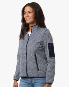 North End NE730W Women’s Jasper Full-Zip Fleece Jacket – Classic Navy/ White (on model side)