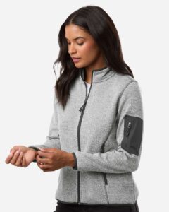 North End NE730W Women’s Jasper Full-Zip Fleece Jacket – Grey/ White (on model side)