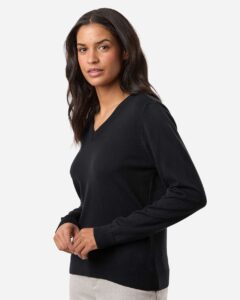 Devon & Jones DG445W Women’s New Classics V-Neck Sweater – Black (on model side)
