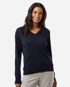 Devon & Jones DG445W Women’s New Classics V-Neck Sweater – Navy (on model)