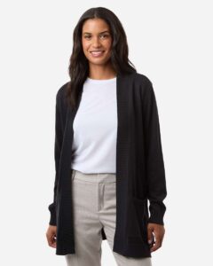 Devon & Jones DG447W Women’s New Classics Open Cardigan Sweater – Black (on model)