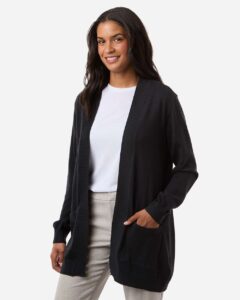 Devon & Jones DG447W Women’s New Classics Open Cardigan Sweater – Black (on model side)
