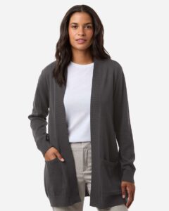 Devon & Jones DG447W Women’s New Classics Open Cardigan Sweater – Graphite (on model)