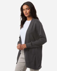 Devon & Jones DG447W Women’s New Classics Open Cardigan Sweater – Graphite (on model side)