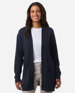 Devon & Jones DG447W Women’s New Classics Open Cardigan Sweater – Navy (on model)