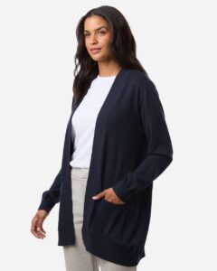 Devon & Jones DG447W Women’s New Classics Open Cardigan Sweater – Navy (on model side)