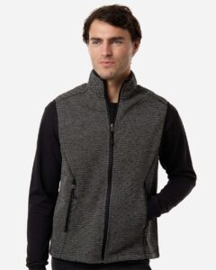North End NE731 Men’s Jasper Jacquard Fleece Vest – Black/ Grey (on model)