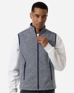 North End NE731 Men’s Jasper Jacquard Fleece Vest – Classic Navy/ White (on model)