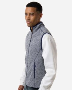 North End NE731 Men’s Jasper Jacquard Fleece Vest – Classic Navy/ White (on model side)