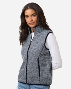 North End NE731W Women’s Jasper Jacquard Fleece Vest – Classic Navy/ White (on model side)