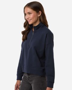 Independent Trading Co. EXP15WPQ Women’s Perform Quarter-Zip Pullover – Classic Navy (on model side)