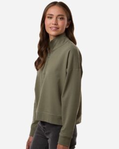 Independent Trading Co. EXP15WPQ Women’s Perform Quarter-Zip Pullover – Pine (on model side)
