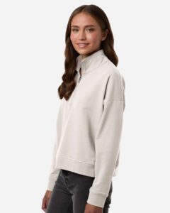Independent Trading Co. EXP15WPQ Women’s Perform Quarter-Zip Pullover – Smoke (on model side)