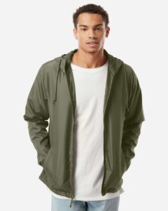 Independent Trading Co. EXP54LWZ Men’s Lightweight Windbreaker Full-Zip Jacket – Army (on model)