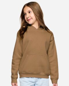 LAT 2296 Youth Hoodie Sweatshirt – Coyote Brown (on model)
