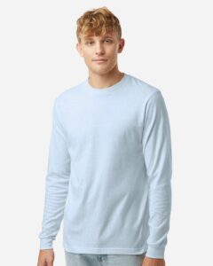 Tultex 202LS Unisex Fine Jersey Long Sleeve T-Shirt – Baby Blue (on model)
