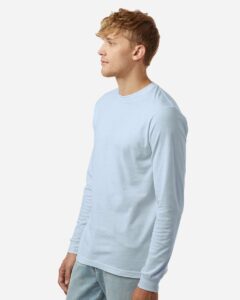 Tultex 202LS Unisex Fine Jersey Long Sleeve T-Shirt – Baby Blue (on model side)