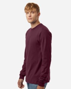 Tultex 202LS Unisex Fine Jersey Long Sleeve T-Shirt – Burgundy (on model side)