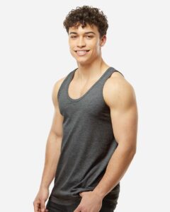 Tultex S105 Unisex Fine Jersey Tank Top – Heather Charcoal (on model side)