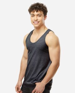 Tultex S105 Unisex Fine Jersey Tank Top – Heather Graphite (on model side)