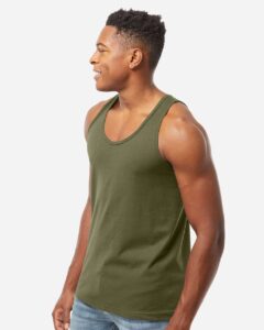 Tultex S105 Unisex Fine Jersey Tank Top – Military Green (on model side)